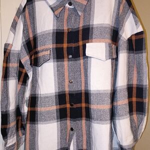 Shein Plaid Button-Up Shirt in White, Black, and Orange